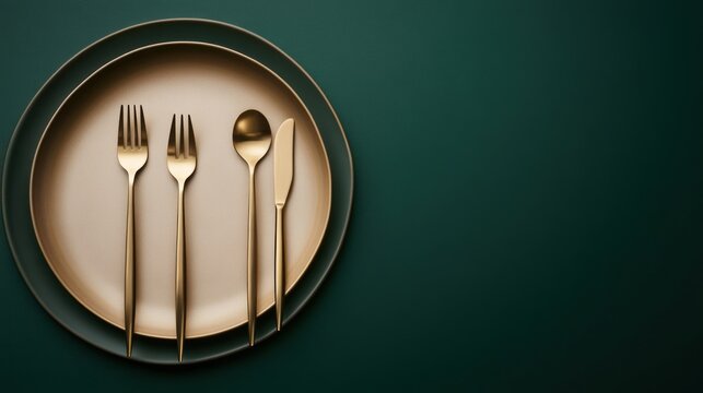 Golden Cutlery on a Green Plate - Powered by Adobe