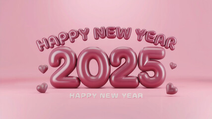 2025 in bold letters with minimalistic happy new year text in pink color with light pink background with hearts