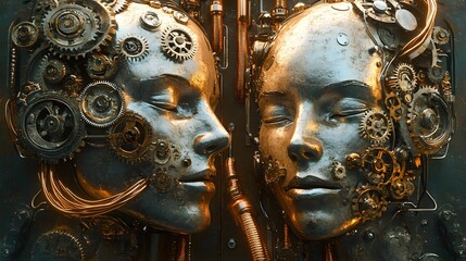 Obraz premium Steampunk-inspired human heads with exposed gears and rotating cogs, connected by copper wires and glowing tubes, Steampunk, Vintage, Brown and gold tones, Metallic textures