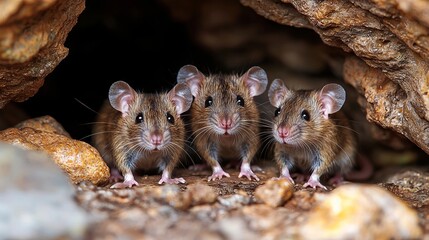 Three Mice Emerging from a Rock Cave