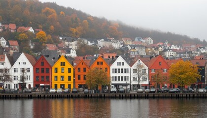 Obraz premium Colorful historic wooden houses on the waterfront reflecting in the water, autumn in Bergen, Norway