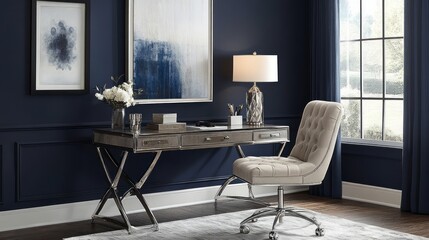 Modern Home Office with Desk, Chair, and Window