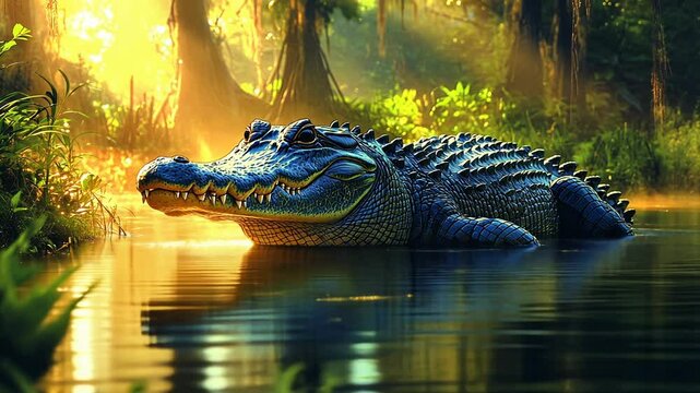 An alligator rests in a swamp as the sun sets in the background.