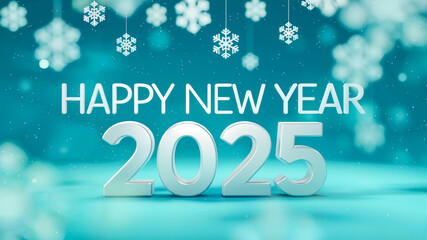 2025 happy new year text in bold letters against blue background having snow flakes with wintery feel