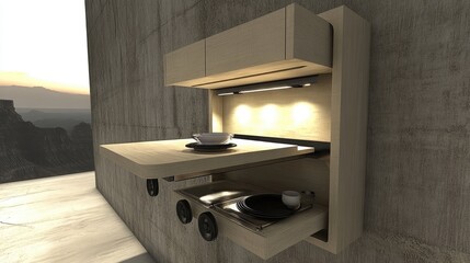 Modern Foldable Kitchen Unit Against Concrete Wall