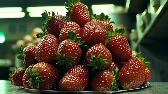A pile of ripe strawberries sits on a plate in a market