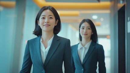 オフィスの通路を歩くスーツの女性達