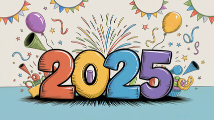 Fototapeta premium Hand drawn style 2025 text funky illustration with fireworks doodle party elements