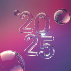 3D transparent glass-like 2025 text floating in the air with purple gradient background