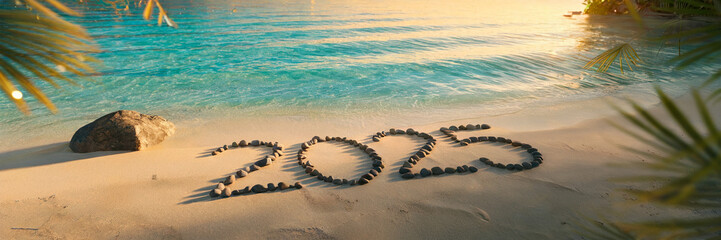 sandy beach is adorned with '2025' inscribed using pebbles and background features trees and water 