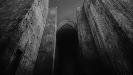 Generative AI, Dark, dramatic black-and-white architectural photograph of towering concrete walls with minimal light and sharp geometric contrasts