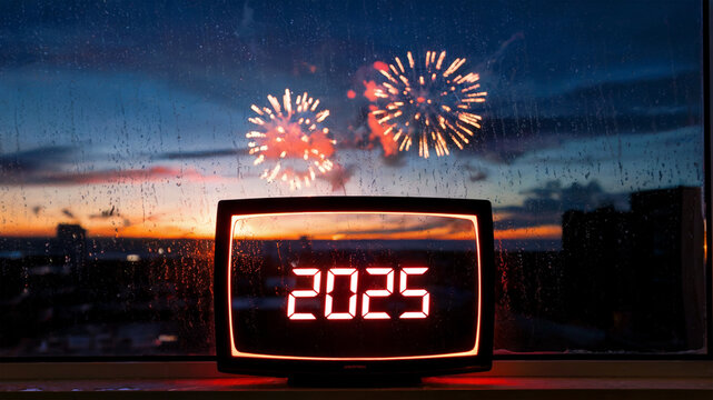 A television placed on a window displaying 20:25 vibrant display of new year fireworks seen outside the window