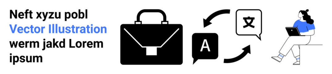 Briefcase, language icons, and person using laptop emphasize language services, translation, global business solutions, remote work, technology, professional services, and communication. Ideal
