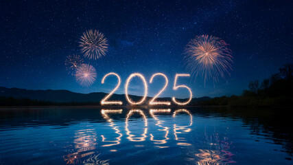 photo of a serene lake with a reflection of fireworks lightning appears the text 2025