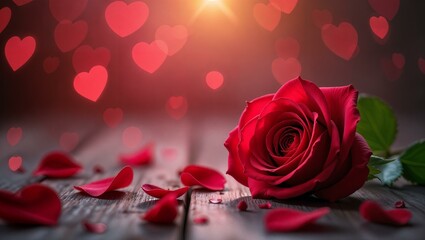 Valentine's day background with hearts, petals and blooming red rose lying on a wooden table. Blurred bokeh shiny background. Beautiful greeting card