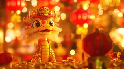 Colorful Dragon Toy with Lanterns in Background