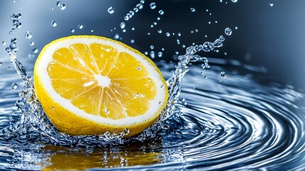 Lemon half caught in a dynamic splash, vibrant yellow against dark water, droplets arching upward, lively breakfast essence captured in detail