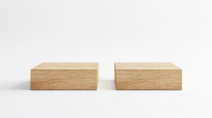 A minimal and simple design featuring two rectangular wooden podiums side by side on an empty white background
