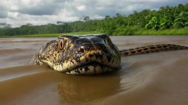 A large anaconda swims in the murky water of the Amazon River
