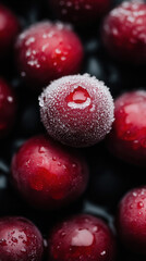 Frost-covered cherry berries on a black background captured in close-up detail, highlighting winter\'s delicate beauty