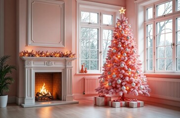 Pink Christmas tree in the house with a white fireplace. Pink New Year's Christmas home interior. New Year pink tree with gifts.