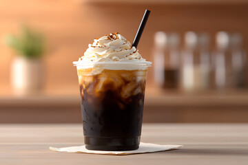 Refreshing iced coffee drink takes centre stage, perfectly chilled and topped with a creamy finish, offering a delightful boost for hot days and coffee lovers alike