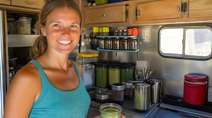 Smiling Woman in Mobile Kitchen with Green Smoothie