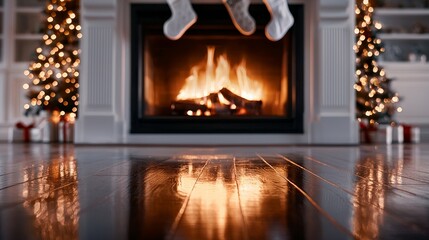 Obraz premium Glowing fireplace with stockings above, cozy Christmas feel, blank white space in the center for a personalized holiday message or New Year promotion