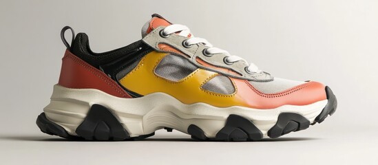 Chunky sneaker with oversized sole, trendy design, against light grey background,