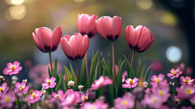 Pink tulips bloom in a field of wildflowers on a sunny day