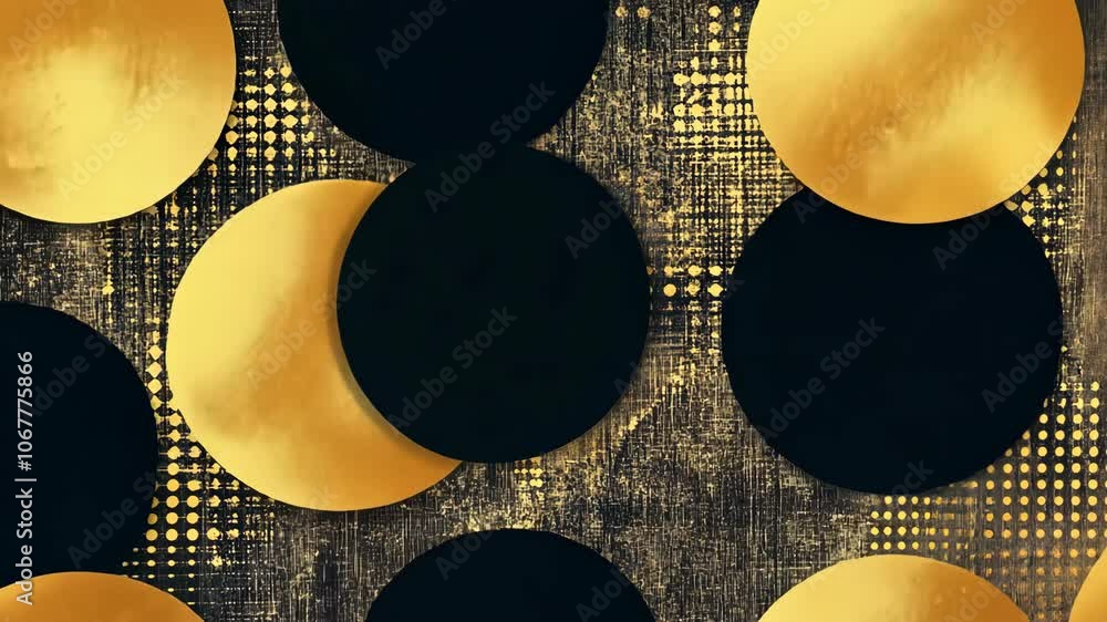 Poster a close-up view of gold and black circles arranged on a textured background