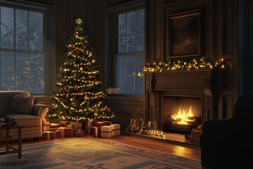 A cozy fireplace scene with a Christmas tree decorated with lights, capturing the holiday warmth.