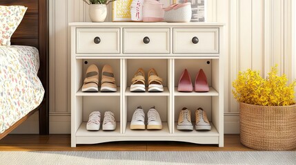 Fototapeta premium Stylish Shoe Storage Unit in Modern Bedroom Setting