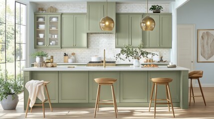 Modern Kitchen with Green Cabinets and Wooden Bar Stools