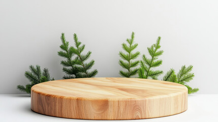 Product display for ads, Natural wood pedestal with soft greenery, perfect for display or decoration. This low height platform adds touch of elegance to any setting