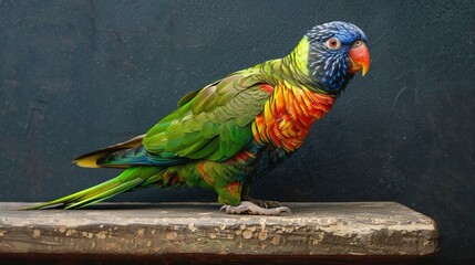A Rainbow Lorikeet Perched on a Rough Wooden Surface