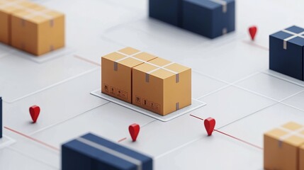 A close-up of neatly arranged shipping boxes and pins on a grid, representing logistics, inventory management, or supply chain organization.