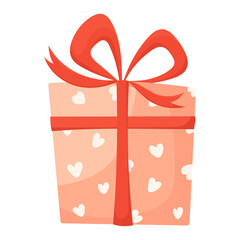 Hand drawn vector gift box with heart print isolated on white background. Gifts for birthdays, Valentine's Day, New Year and Christmas. Surprise box with red bow