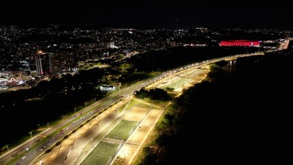 Porto Alegre Brazil. Guaiba Edge At Porto Alegre In Rio Grande Do Sul Brazil. Illuminated Coastline. Night Scape Downtown. Bright Cityscape. Guaiba Edge At Porto Alegre In Rio Grande Do Sul Brazil. 