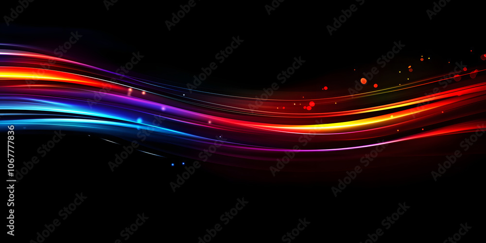 Poster rainbow wavy light effect in fast motion on a black background. blurred multicolored abstract backgr