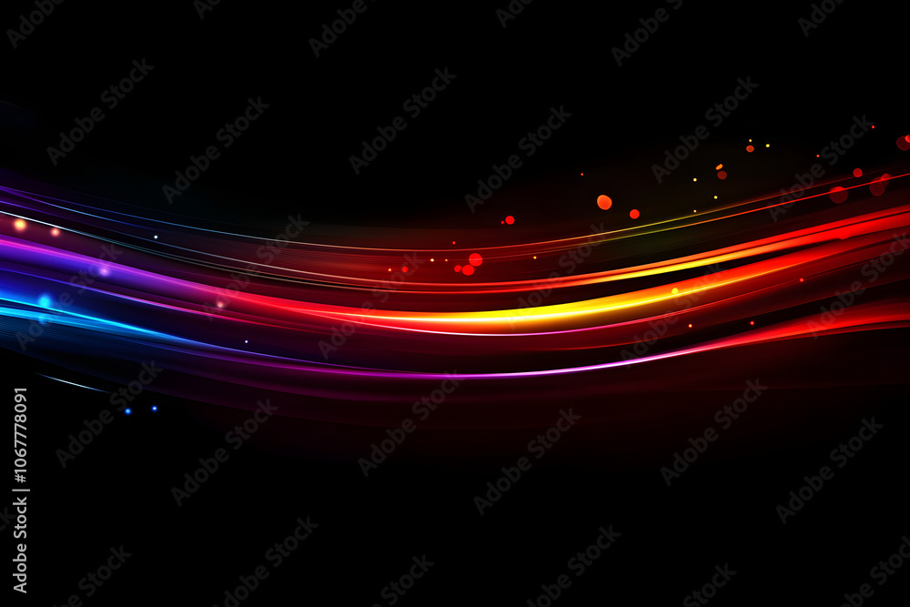 Poster rainbow wavy light effect in fast motion on a black background. blurred multicolored abstract backgr