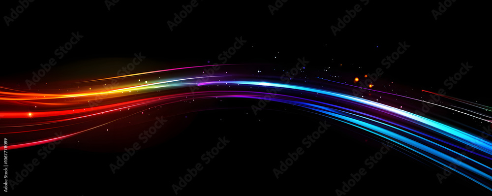 Poster rainbow wavy light effect in fast motion on a black background. blurred multicolored abstract backgr