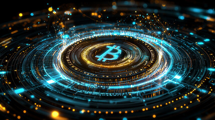 Obraz premium Abstract Bitcoin Coin with Holographic Data Streams on Black Background