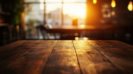 Empty wooden table space platform and blurred cafe or restaurant background for product display