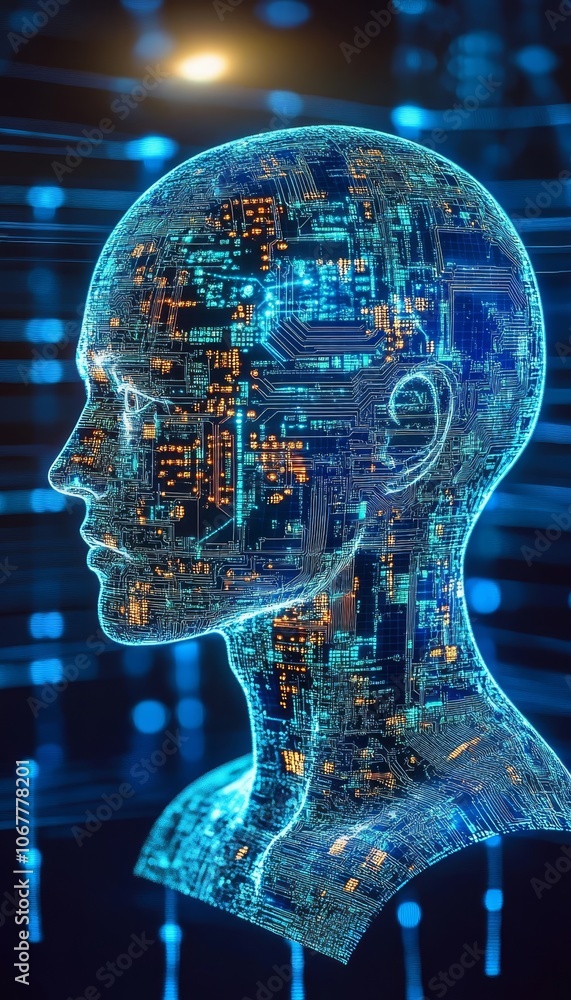 Aufkleber artificial intelligence - human head with data and circuit board texture on blue background