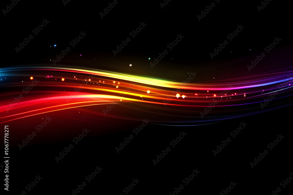 Poster rainbow wavy light effect in fast motion on a black background. blurred multicolored abstract backgr