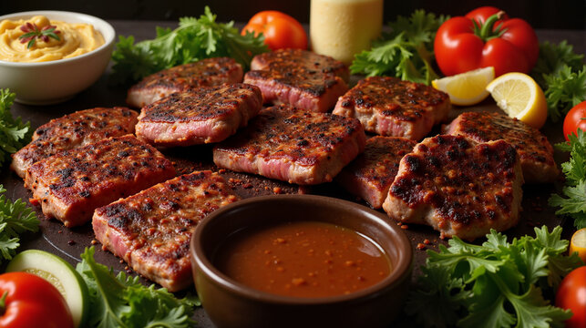 Grilled kebapche with vegetables and dipping sauces