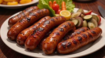 Grilled sausages with fresh vegetables on white plate