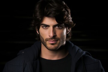 Obraz premium Portrait of a Confident Young Man on Black Background, Studio Lighting, Dark and Moody Stubble