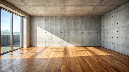 Empty room with wooden floor and concrete wall ,  rendering, interior design, minimalism